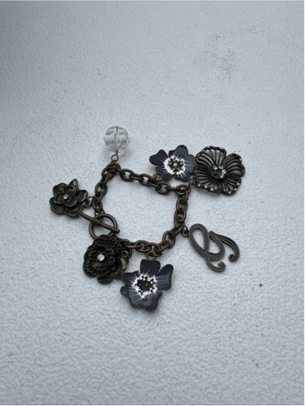 Blacktone Flower Charm Bracelet Enamel Rhinestone Faux Crystal Whimsey Goth